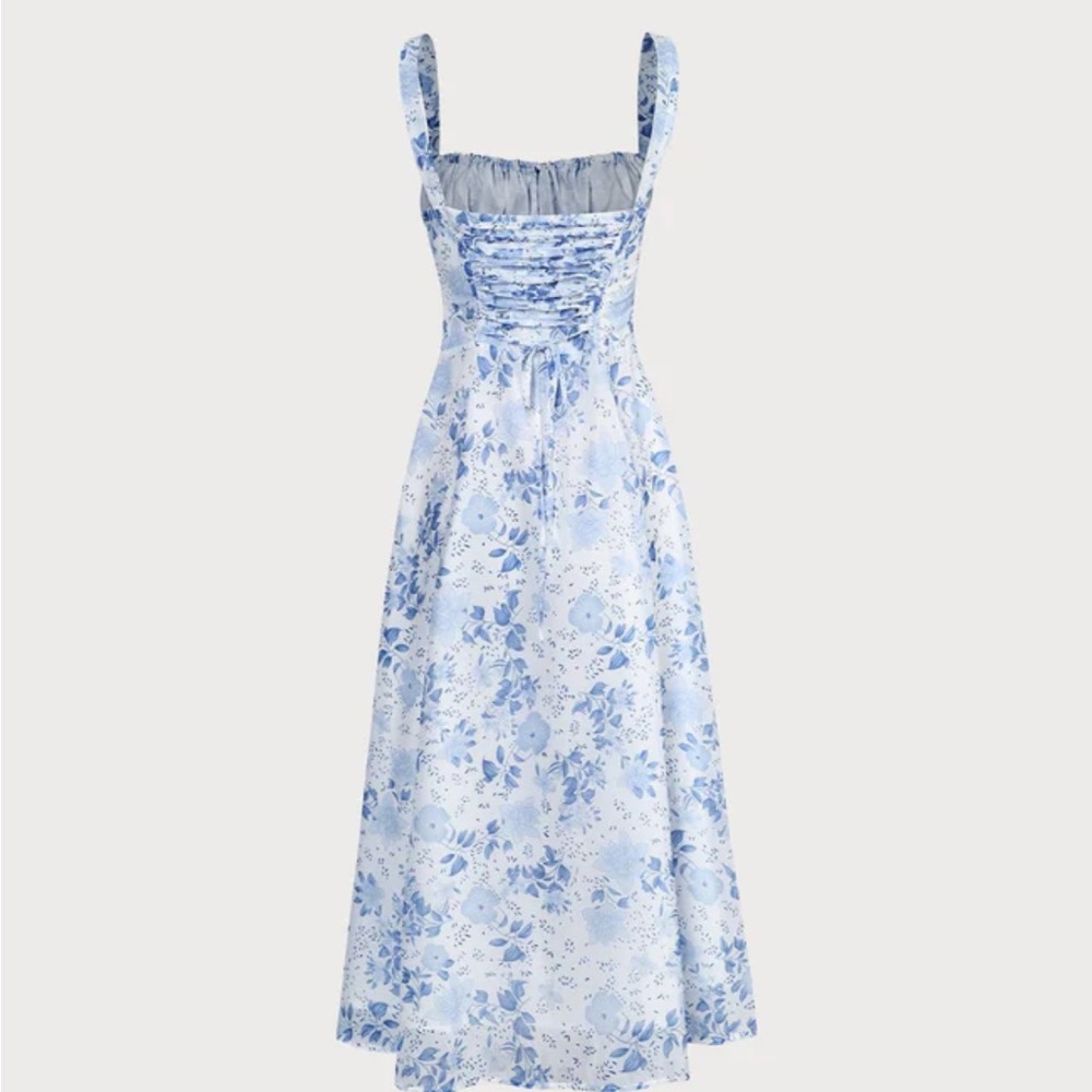Rihoas Blue Square Neck Floral Ruched Midi Dress - Picture 7 of 11
